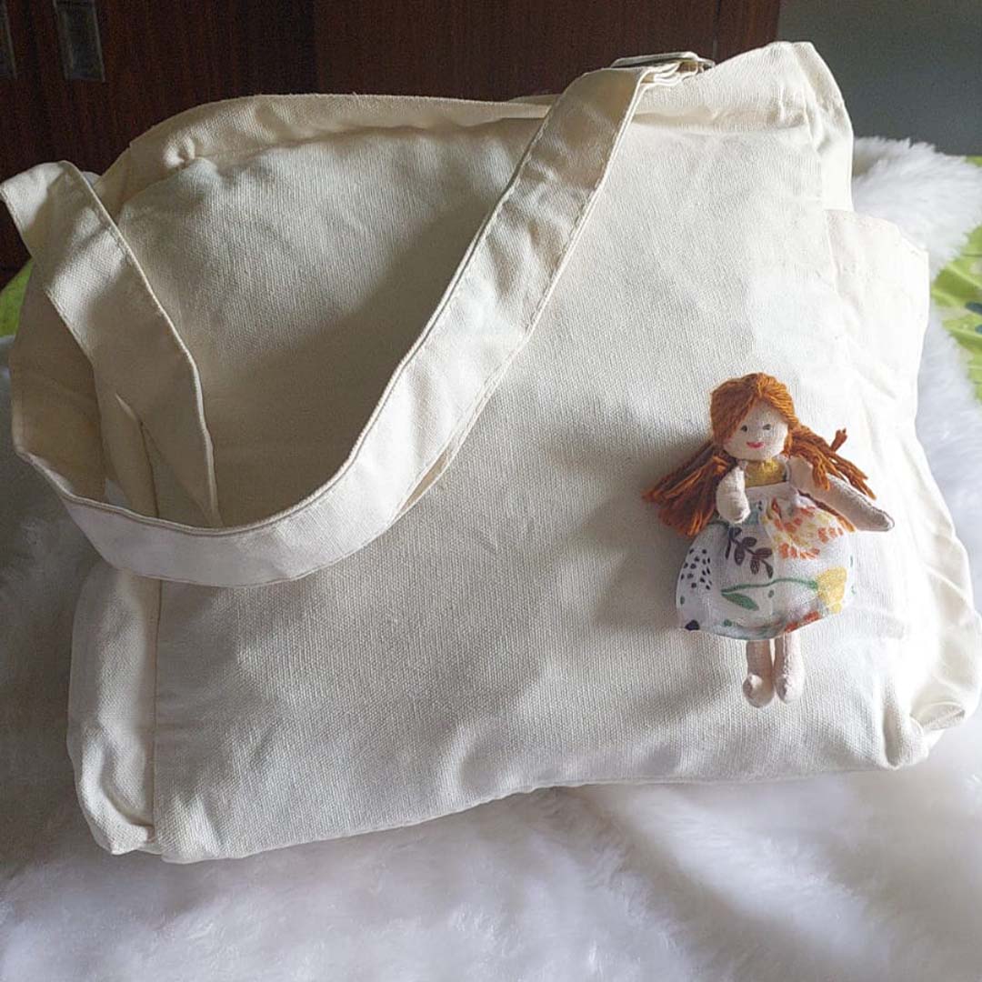 Handmade Canvas Tote with Mini Doll Charm